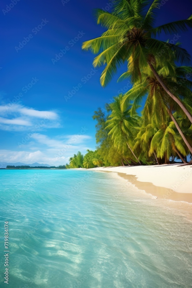 A stunning tropical beach with palm trees and crystal clear water. Generative AI.