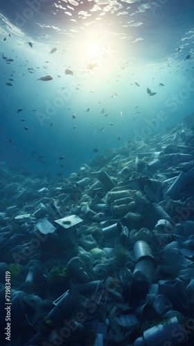 A vibrant underwater scene teeming with plastic pollution, capturing the dramatic impact on marine life. Generative AI.