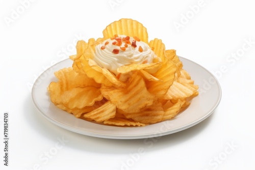 Crinkle-Cut Loaded Baked Potato Chips, Showcased in a Tempting Presentation on an Isolated White Backdrop, Generative AI