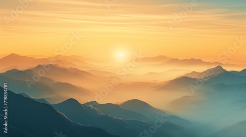 Golden sunrise illuminating the misty mountains.