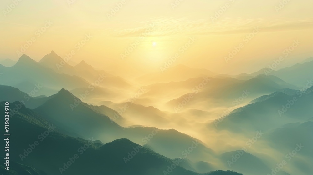 Golden sunrise illuminating the misty mountains.