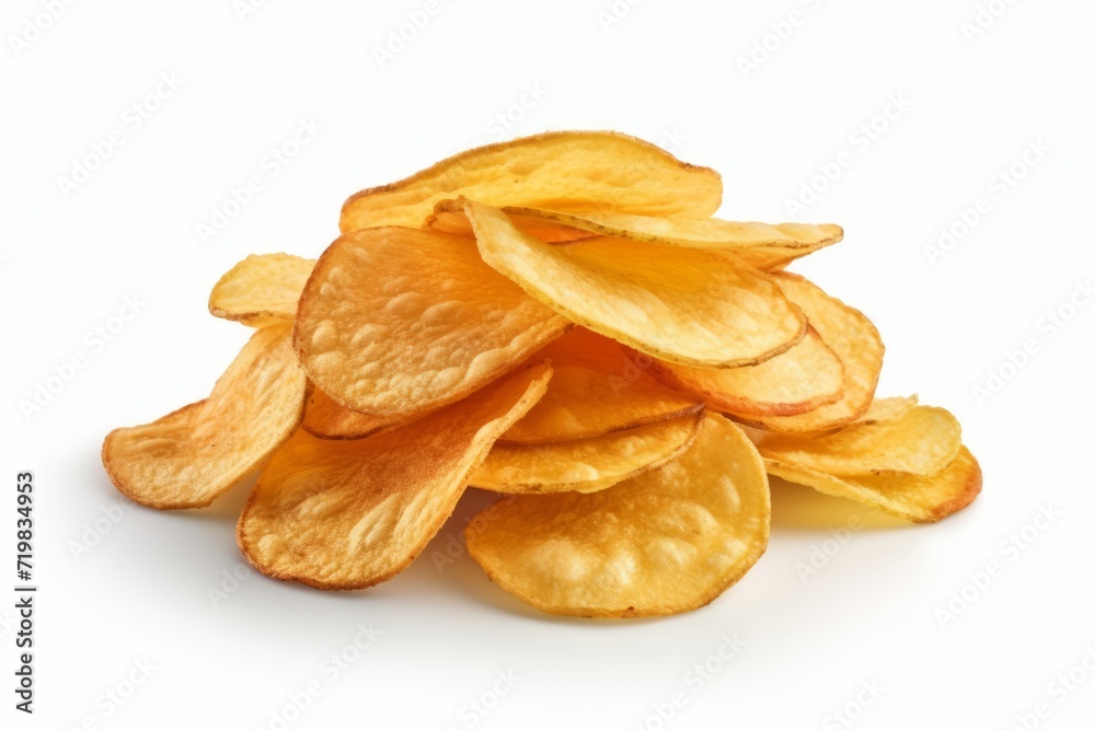 Crispy Barbecue Flavored Potato Chips, Artfully Arranged on an Isolated White Canvas, Generative AI