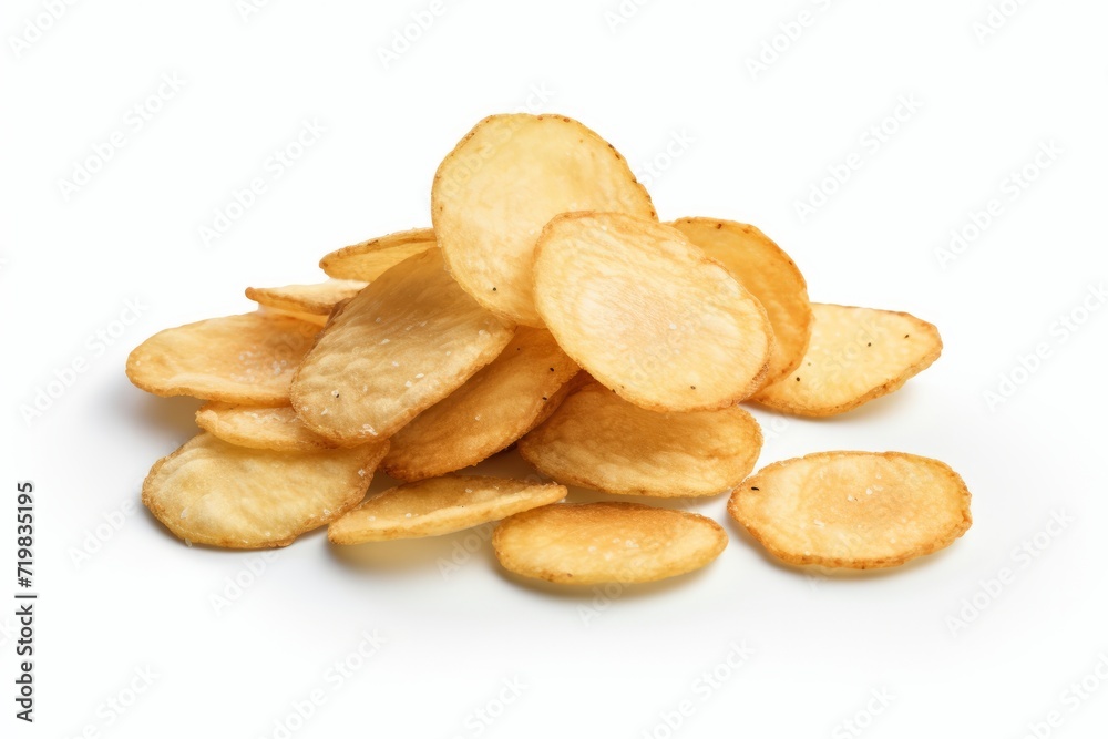 Crispy Garlic Parmesan Potato Chips, Arranged in an Appetizing Formation on an Isolated White Canvas, Generative AI
