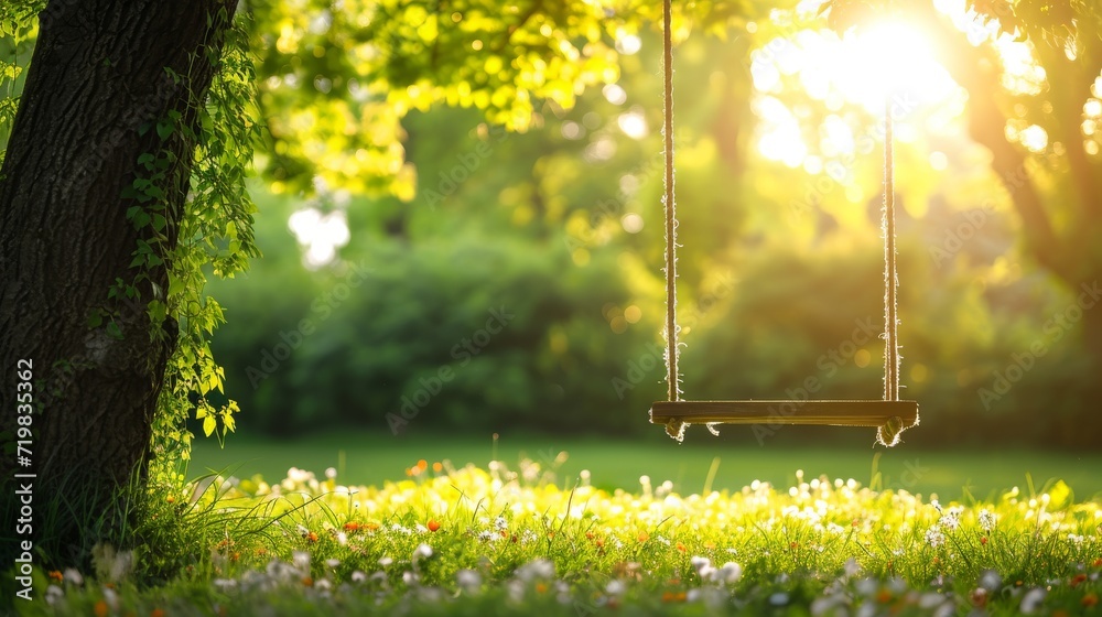 A swing hanging from a tree in a park with flowers on the grass - obrazy, fototapety, plakaty 