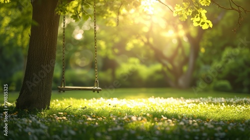A swing hanging from a tree in a park with flowers on the grass #719835325