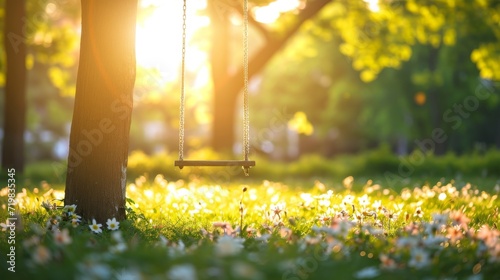 Fotografia A swing hanging from a tree in a park with flowers on the grass