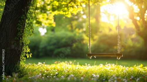 Tela A swing hanging from a tree in a park with flowers on the grass