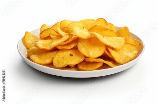 Honey Mustard Glazed Potato Chips, Arranged in a Mouthwatering Composition on a Clean White Backdrop, Generative AI