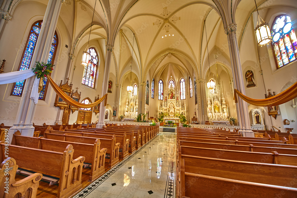 Elegant Church Interior with Stained Glass and Pews, Eye-Level Aisle View