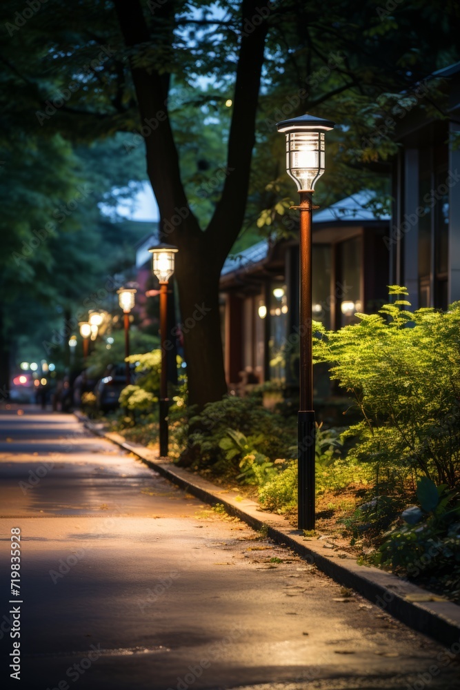 Innovative solar-powered streetlight illuminating a pathway at night, showcasing sustainable urban lighting solutions, Generative AI Innovative solar-powered streetlight illuminating a pathway at night, showcasing sustainable urban lighting solutions, Generative AI