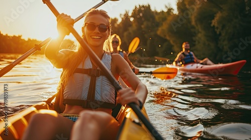 Happy young caucasian group of friends kayaking on river with sunset in the backgrounds. Having fun in leisure activity. Happy male and female model laughing on the kayak. Sport, relations concept.