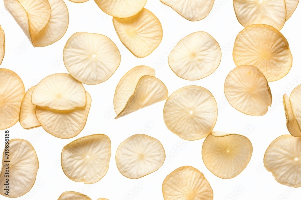 Thin and Crispy Salted Potato Chips, Laid Out in a Mouthwatering Pattern on an Isolated White Backdrop, Generative AI Thin and Crispy Salted Potato Chips, Laid Out in a Mouthwatering Pattern on an Isolated White Backdrop, Generative AI
