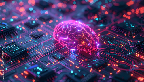 brain symbol on neon circuit board 3d illustration