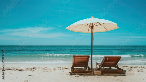 Two empty beach chairs and umbrella on the sandy beach near the sea. Summer holiday travel vocation concept.