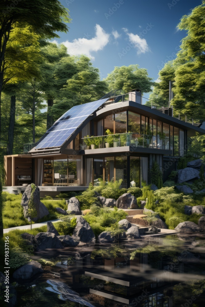Modern eco-friendly house surrounded by lush greenery, powered by a combination of solar panels and wind turbines, Generative AI