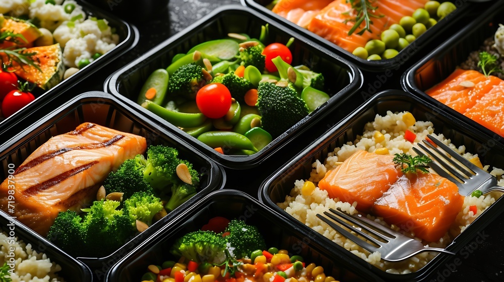 Ready healthy food catering menu in lunch boxes fish and vegetable packages as daily meal diet plan courier delivery with fork isolated on black table background. Take away containers  : Generative AI