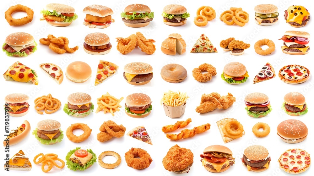 Fast food collection isolated on white background. onion rings, sandwich, fried chicken, pizza slice, hamburger. closeup abstract of different food items : Generative AI Fast food collection isolated on white background. onion rings, sandwich, fried chicken, pizza slice, hamburger. closeup abstract of different food items : Generative AI