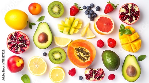 Assortment of different fruits and berries, flat lay, top view, apple, strawberry, pomegranate, mango, avocado, orange, lemon, kiwi, peach isolated on white background : Generative AI