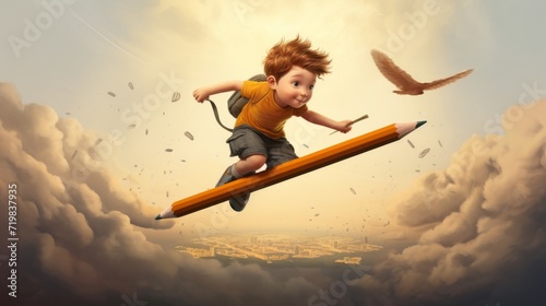 Imaginative adventure: child soaring through the skies on a pencil - whimsical illustration of creativity and wonder