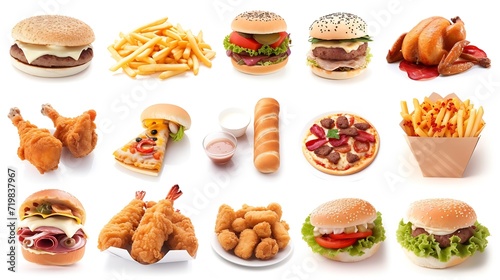 All Fast Food collection set  isolated on white background. Fried chicken  fries  pizza  sandwich  chicken nuggets  eggs and bacon  shawarma  prawns. Junk food of Fast Food set. Closeu   Generative AI