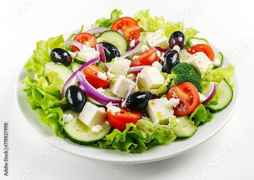 Salad with cheese and fresh vegetables isolated on white background. Greek salad. : Generative AI