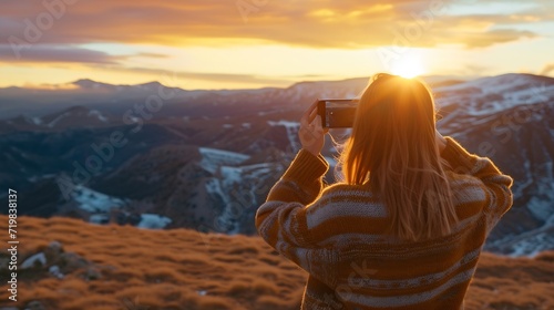 Anonymous female traveler in casual sweater taking picture of amazing landscape with mountains and sunset sky on smartphone during vacation in Almatret : Generative AI © Generative AI