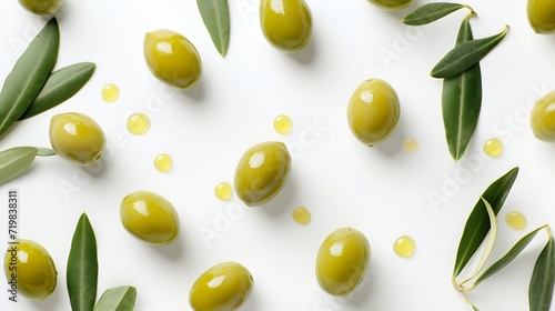 Green olives with leaves isolated on a white background with full depth of field. Top view. Flat lay : Generative AI