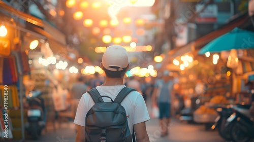 Young Asian traveling backpacker in Khaosan Road outdoor market in Bangkok, Thailand : Generative AI photo