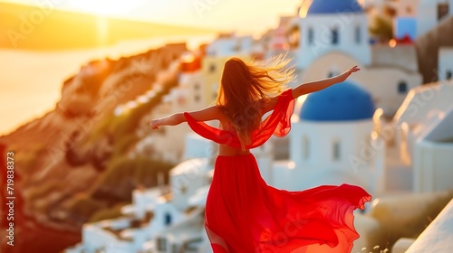 Europe travel vacation fun summer woman dancing in freedom with arms up happy in Oia, Santorini, Greece island. Carefree girl tourist in European destination wearing red fashion dress. : Generative AI