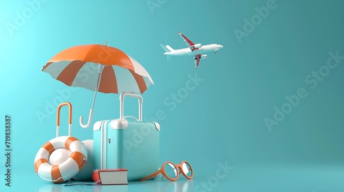 Luggage ,inflatable ball ,lifebuoy, passport book ,umbrella ,goggles They were all floating in air and there is plane take off in front ,vector 3d isolated on blue background for trave : Generative AI photo