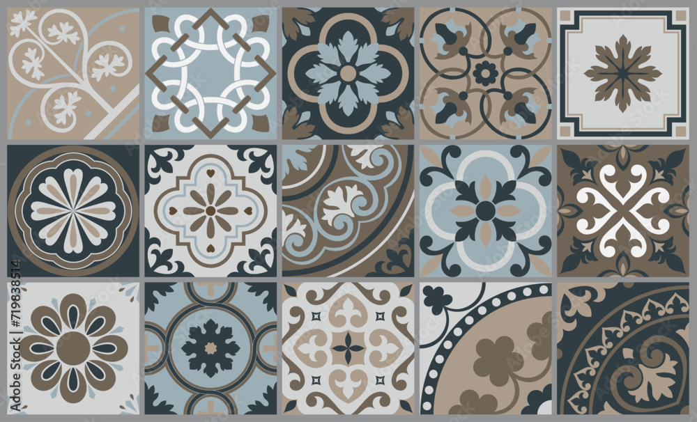 Spanish tiles interior, kitchen mosaic Portuguese motifs. Decoration tiles in neutral tones, mediterranean mexican floral interior vector elements
