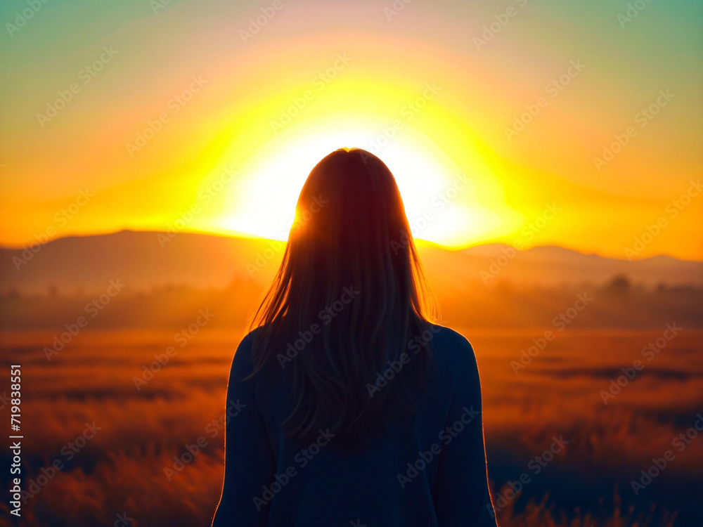 Serene Motivation at Sunset with Silhouetted Woman Embracing Nature's Beauty