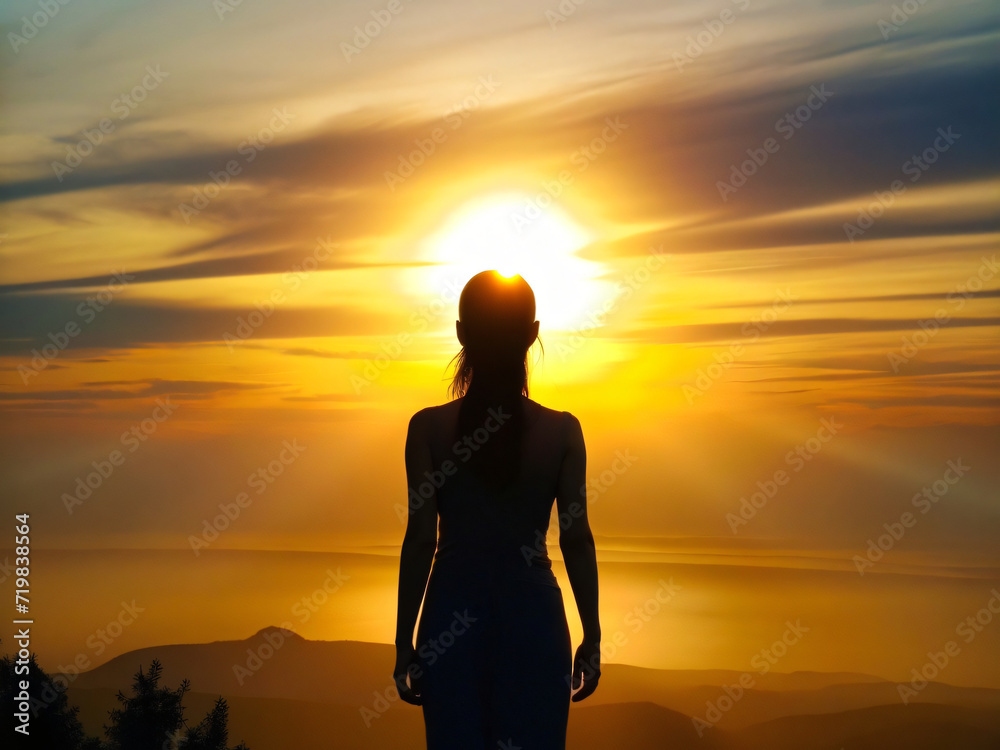 Serene Motivation at Sunset with Silhouetted Woman Embracing Nature's Beauty