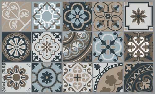 Spanish tiles interior, kitchen mosaic Portuguese motifs. Decoration tiles in neutral tones, mediterranean mexican floral interior vector elements © AZOGUE.art