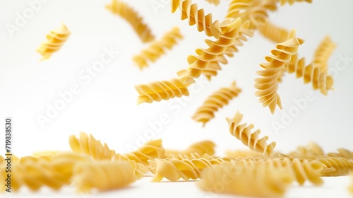 Falling raw Fusilli, Rotini, uncooked Italian Pasta, isolated on white background : Generative AI