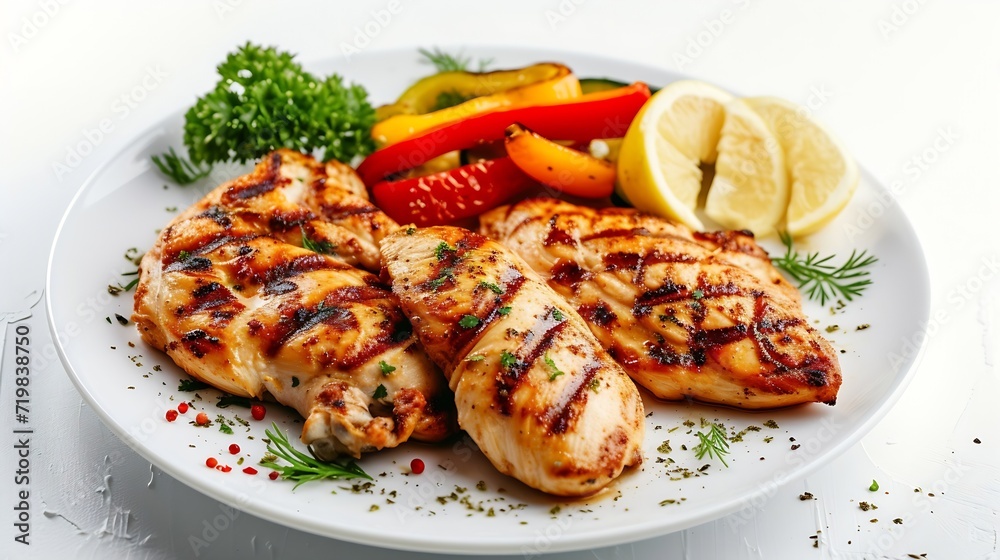 plate of grilled chicken with vegetables isolated on white background : Generative AI plate of grilled chicken with vegetables isolated on white background : Generative AI