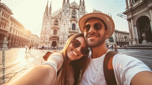 Happy couple taking selfie in front of Duomo cathedral in Milan, Lombardia - Two tourists having fun on romantic summer vacation in Italy - Holidays and traveling lifestyle concept : Generative AI