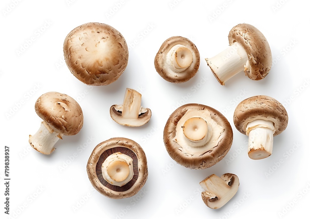 Set of fresh whole and sliced champignon mushrooms isolated on white background. Top view : Generative AI Set of fresh whole and sliced champignon mushrooms isolated on white background. Top view : Generative AI