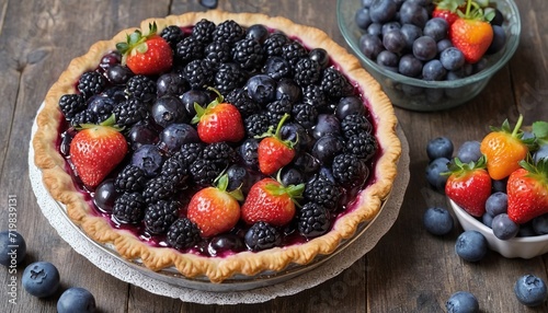 Delicious Blueberry Pie and Fresh Fruits on Wooden Table