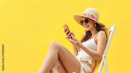 Young fun woman wear summer clothes sit in deckchair use mobile cell phone isolated on plain yellow background. Tourist travel abroad in free spare time rest getaway. Air flight trip j : Generative AI #719839167