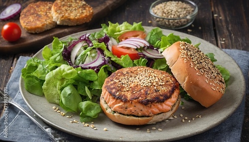 Delicious Salmon Burger Cutlet with Sesame Seeds and Salad
