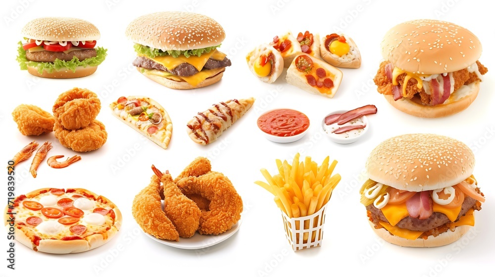 All Fast Food collection set, isolated on white background. Fried chicken, fries, pizza, sandwich, chicken nuggets, eggs and bacon, shawarma, prawns. Junk food of Fast Food set. Closeu : Generative AI All Fast Food collection set, isolated on white background. Fried chicken, fries, pizza, sandwich, chicken nuggets, eggs and bacon, shawarma, prawns. Junk food of Fast Food set. Closeu : Generative AI