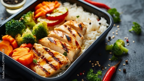 Grilled chicken meal prep with cooked rice and vegetables : Generative AI