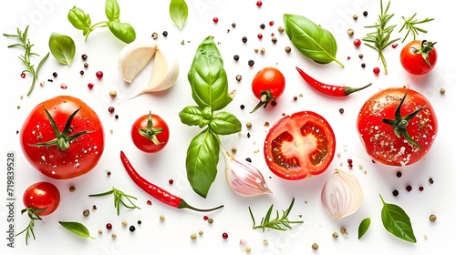 Tomato, basil, spices, chili pepper, onion, garlic. Vegan diet food, creative composition isolated on white. Fresh basil, herb, tomatoes pattern layout, cooking concept, top view. : Generative AI © Generative AI
