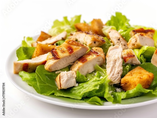 Chicken Salad. Chicken Caesar Salad. Caesar Salad with grilled chicken and croutons. Grilled chicken breast and fresh green salad isolated on white : Generative AI