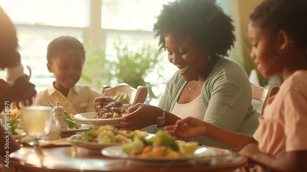 Happy African American family eating lunch together at dining table. Focus is on mother serving food. : Generative AI