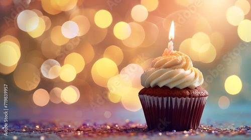 Cupcake with cream and a burning candle for a birthday or other holiday with a shopping plan on a colored background with bokeh lights : Generative AI