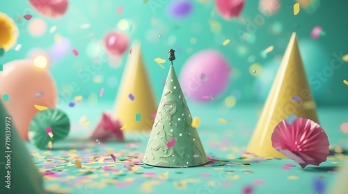 Birthday party caps, blowers and confetti on mint background : Generative AI photo