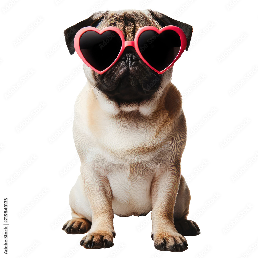 Pug  wearing heart sunglasses and sitting isolated on transparent background, looking adorable and funny
