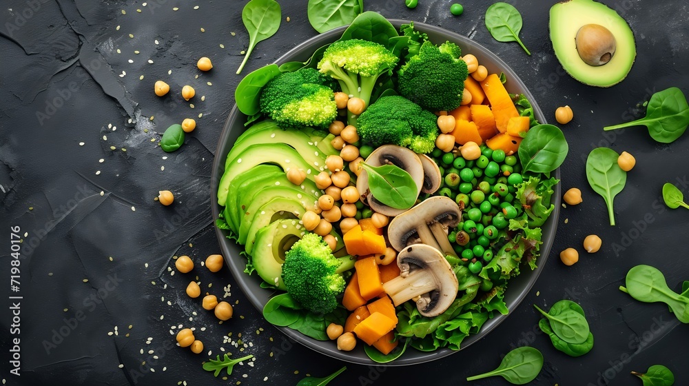 Green vegetable vegan salad with avocado, mushrooms, broccoli, spinach, chickpeas, pumpkin. Healthy vegetarian food concept. top view. : Generative AI